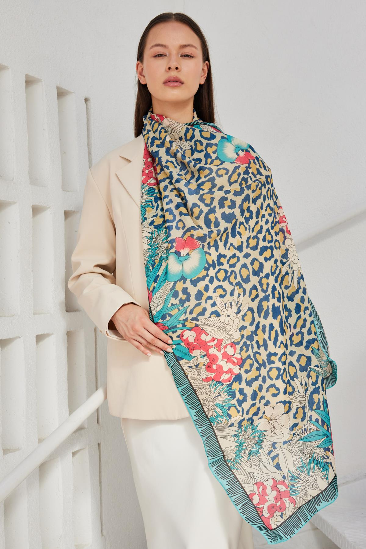 FENZA leopar turkuaz şal