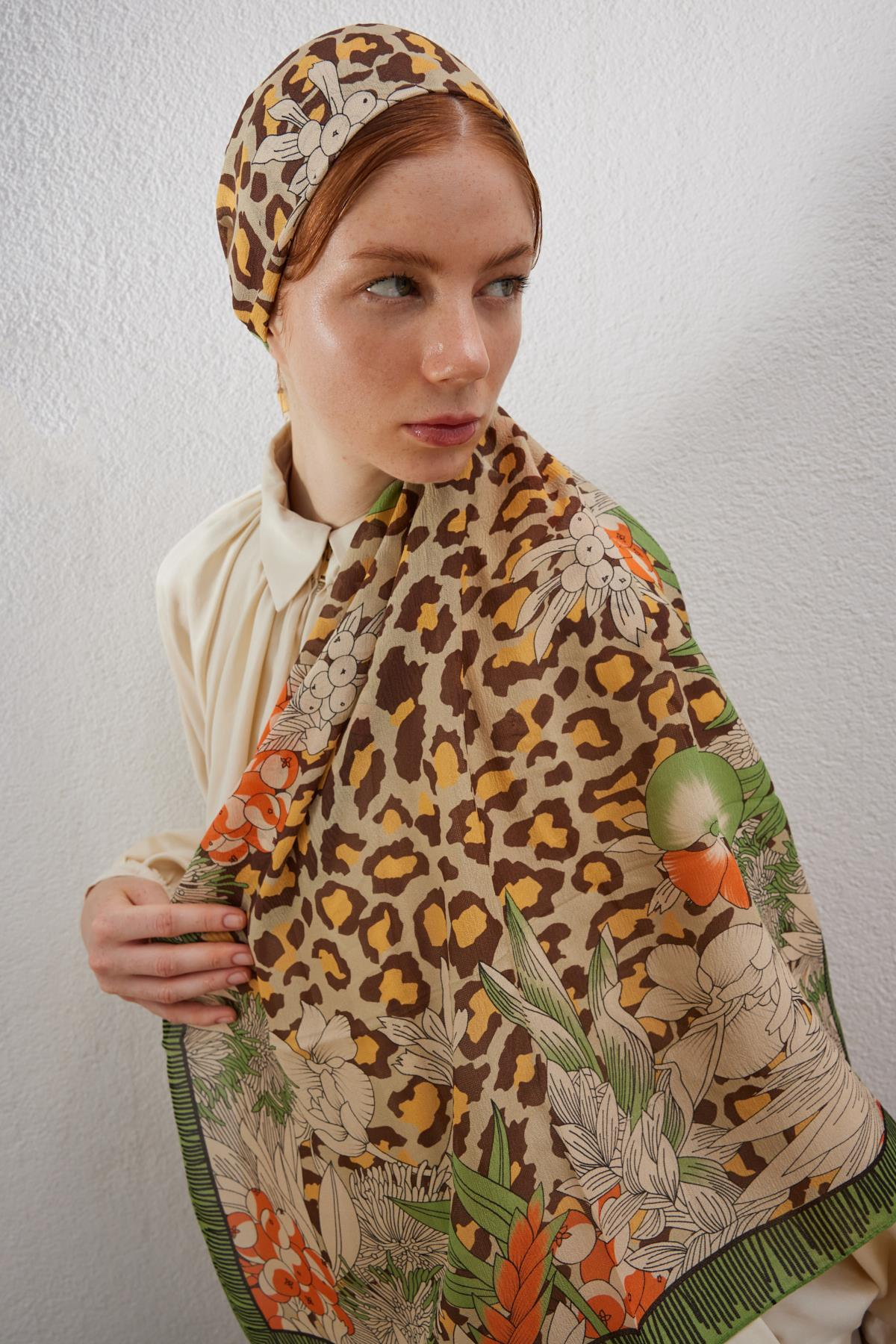 FENZA leopar yeşil şal